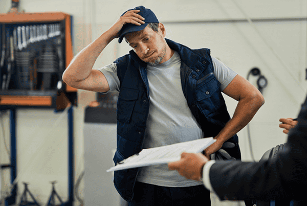 Worker and manager discussing what to do after a forklift accident