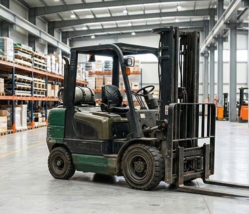 Green counterbalance forklift parked beside pallet racking in a warehouse